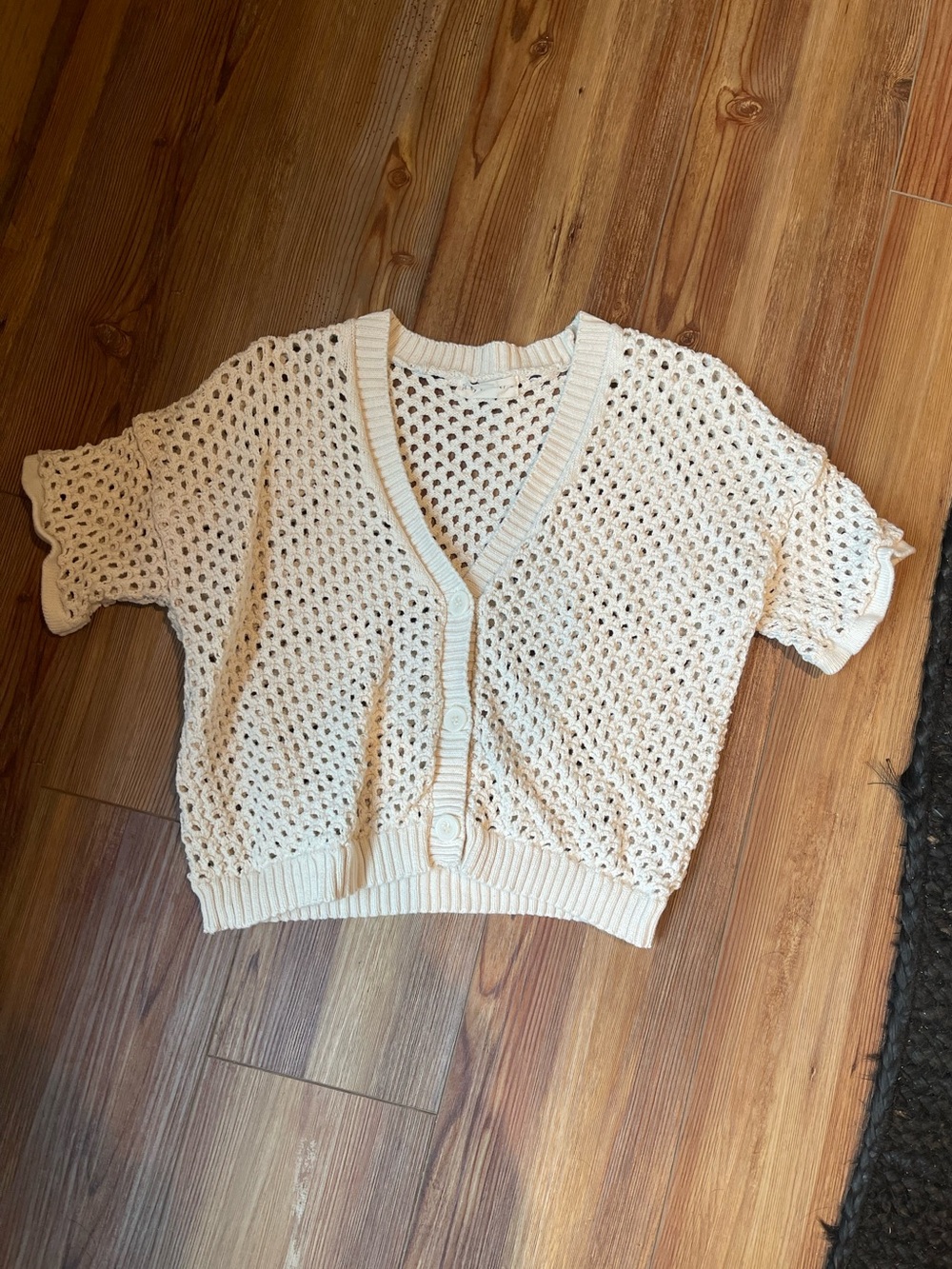 By Together Cream Open-Knit Short Sleeve Button Cardigan